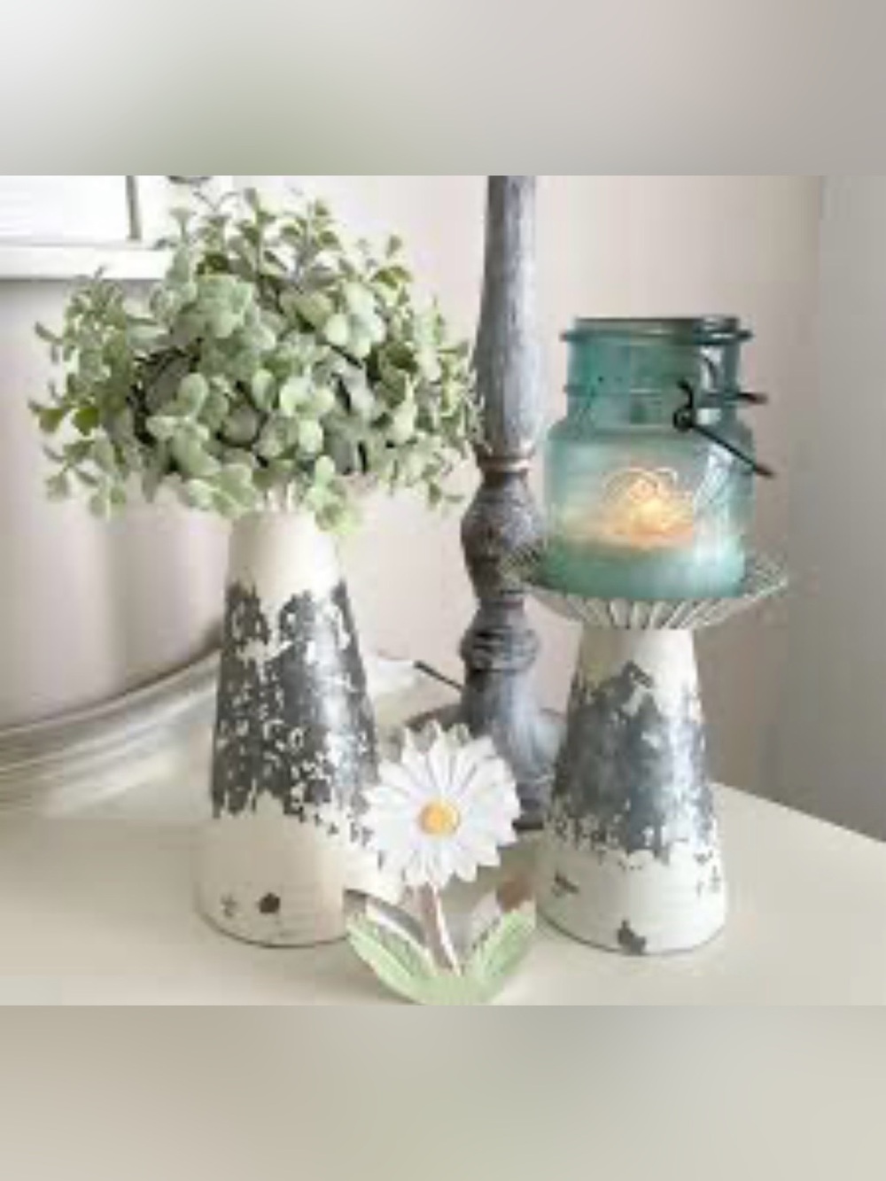 : Whitewashed Metal Vase Risers with Fluted Edge